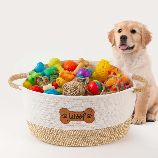 Tidelit Woven Cotton Rope Pet Toy Basket, Yellow Woof