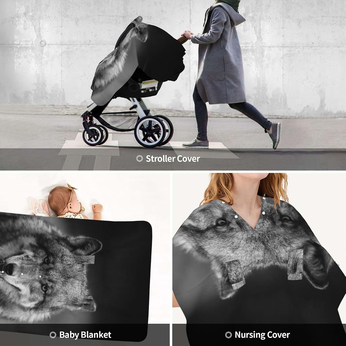 YonaJeik Scary Dark Gray Wolf Baby Car Seat Canopy Cover Multi Use Shower Gift, Nursing Cover for Mom Nursing Covers (photo 3)