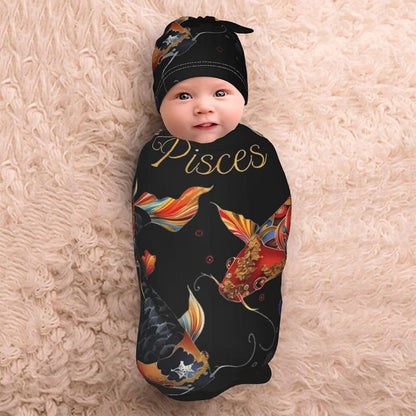Pisces Zodiac Sign Baby Swaddle Blanket with Beanie Set, Soft Print Swaddle Sack for 0-6 Months Unisex