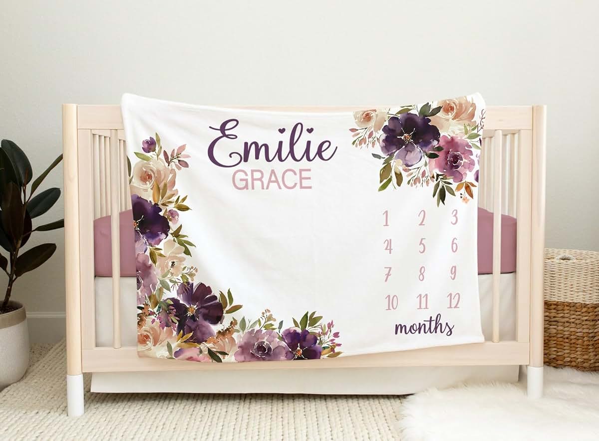 UnoCo Mauve Floral Milestone Blanket Girl, Vintage Floral Baby Month Blanket, Personalized Baby Girl Shower Gift, Baby (photo 2)