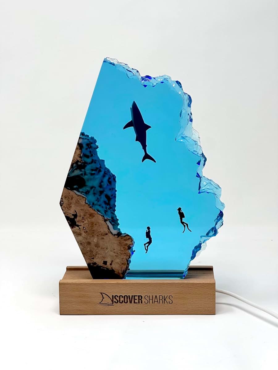 DiscoverSharks Great White LED Ocean Night Lamp - Resin Decor for Desk or Bedroom