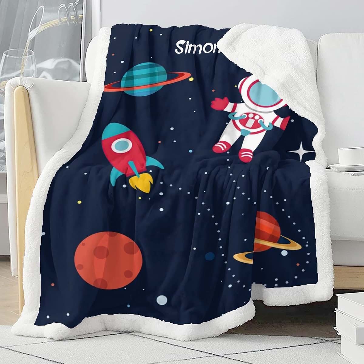NZOOHY Personalized Space Planet Astronaut Sherpa Baby Blanket (photo 3)