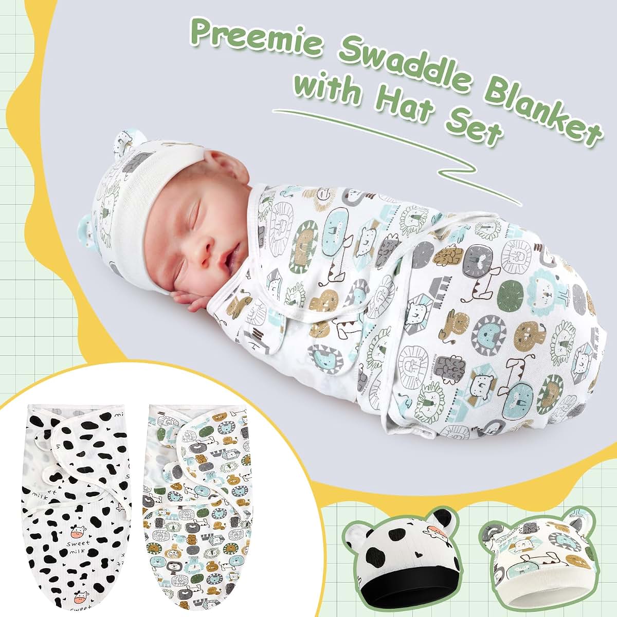VitalCozy 2 Pack Preemie Swaddles and Hats for 3-7 Lbs Infants