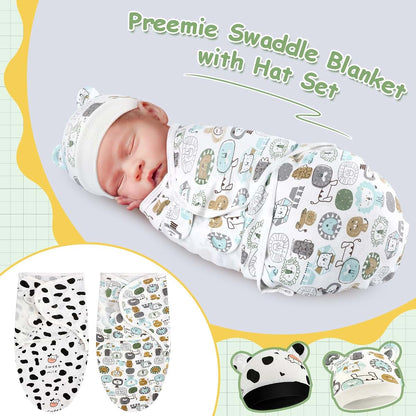 VitalCozy 2 Pack Preemie Swaddles and Hats for 3-7 Lbs Infants