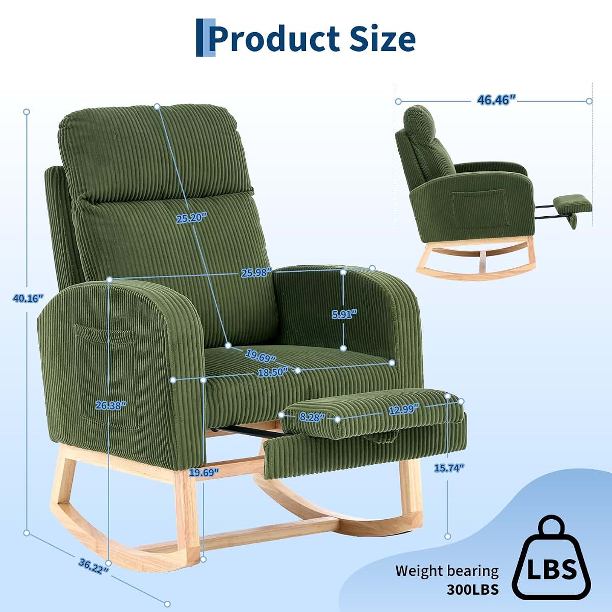 Glider Rocker Chair with Adjustable Footrest Side Pocket for Nursery Living Room