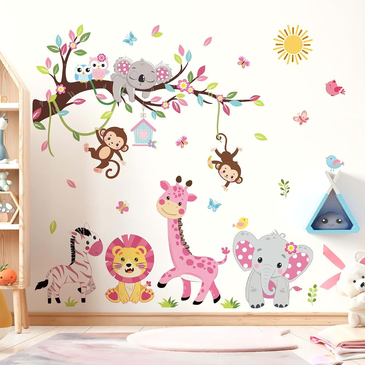 wondever Pink Animal Tree Branch Wall Decals Elephant Lion Wall Stickers | Peel and Stick, Removable, Wall Art Decals (photo 3)