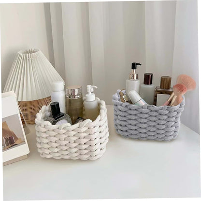 BabyOneStop Cotton Rope Storage Basket Set of 2, 7.5x5.9x4.7 Inches, White Braided Woven Baskets for Toys and Snacks