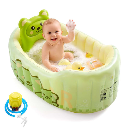 IcyByte Inflatable Baby Bathtub, Newborn to Toddler Reclining Bath Tub with Soft Back Cushion & Air Pump, Foldable