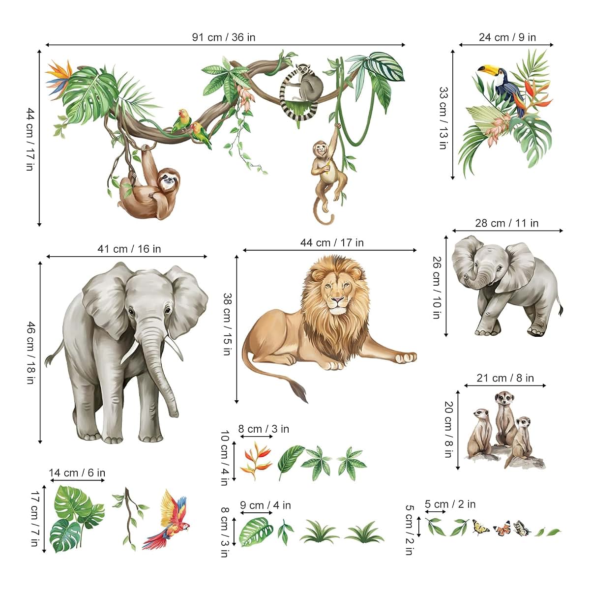 wondever Jungle Animals Wall Decals Safari Elephant Wall Stickers (XL)