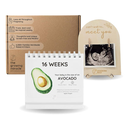 Newborn Nest The Growing Miracle Pregnancy Calendar Bundle with Wooden Ultrasound Photo Frame