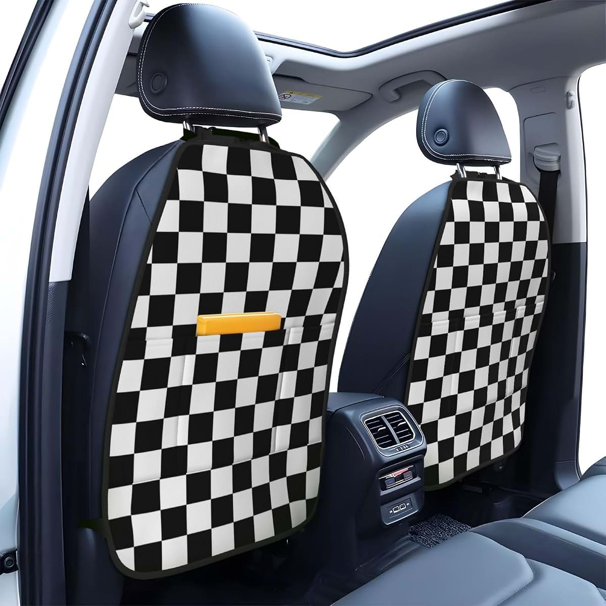 WFTTFOU Black White Checkered Car Seat Back Kick Protectors,2 Pack Kick Mats with Storage Pockets,Car Accessorise, A-100