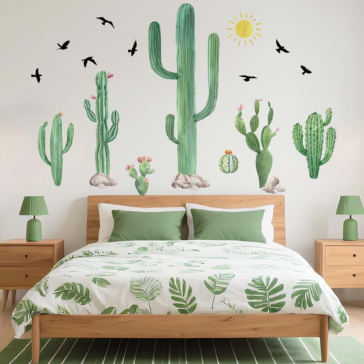 Refamaee Watercolor Cactus Wall Decals Set, Birds and Sunshine Desert Themed Decor Wall Stickers, Removable Vinyl