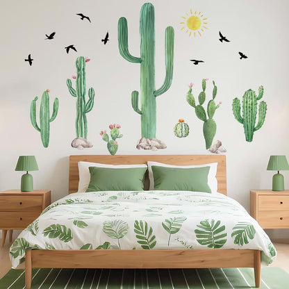 Refamaee Watercolor Cactus Wall Decals Set, Birds and Sunshine Desert Themed Decor Wall Stickers, Removable Vinyl