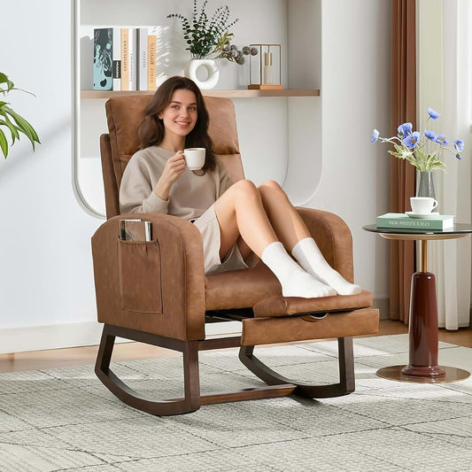 Attracoast Rocking Chair Nursery Chair with Foot Rest, Recliner Armchair with High Backrest& Wood Legs and Side Pocket