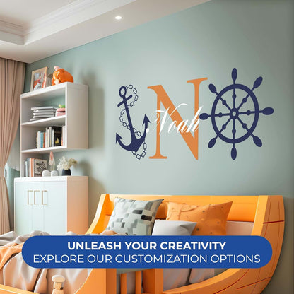 CRYPTONITE Personalized Name & Initial Rudder and Anchor Wall Decor I Nursery Wall Decal for Decoration I Nautical