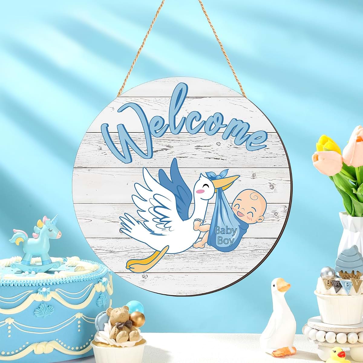 Chunful Baby Boy Welcome Round Wood Door Sign with Jute Rope, 12 Inch