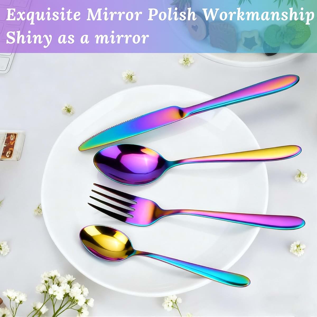 16-Piece Rainbow Stainless Steel Flatware Utensil Set for Dining