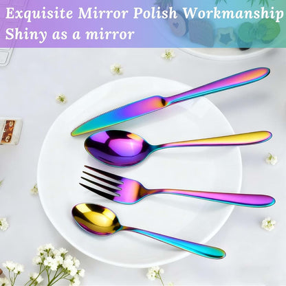 16-Piece Rainbow Stainless Steel Flatware Utensil Set for Dining