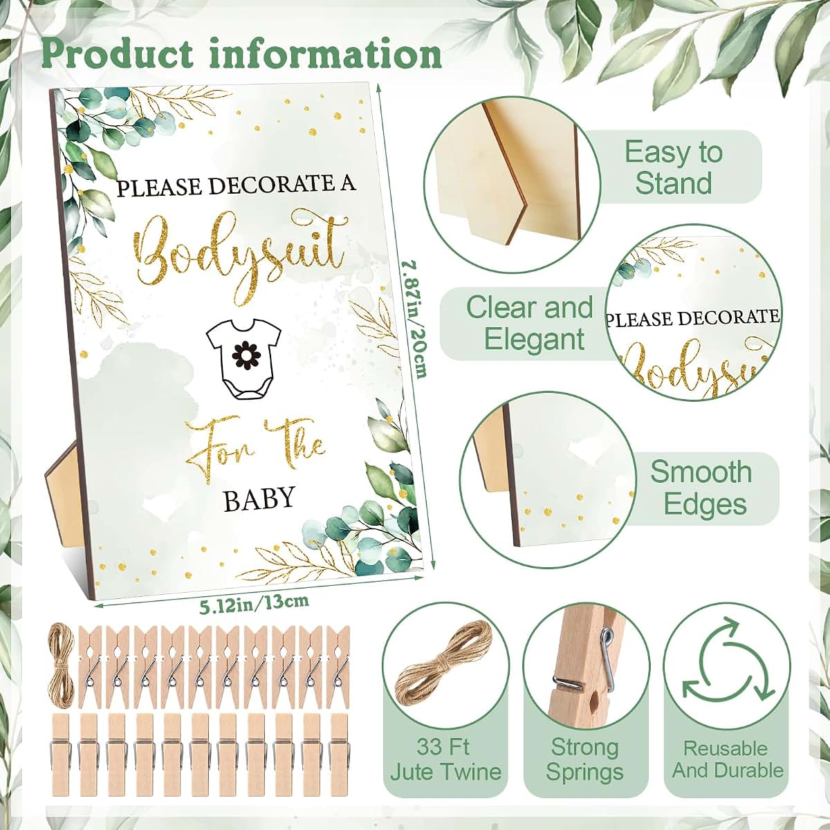 Panitay Baby Shower DIY Bodysuit Set with 25 Bodysuits, 25 Stencils, 24 Markers and Wooden Game Sign