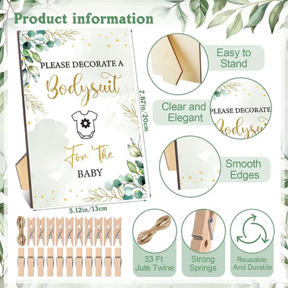 Panitay Baby Shower DIY Bodysuit Set with 25 Bodysuits, 25 Stencils, 24 Markers and Wooden Game Sign