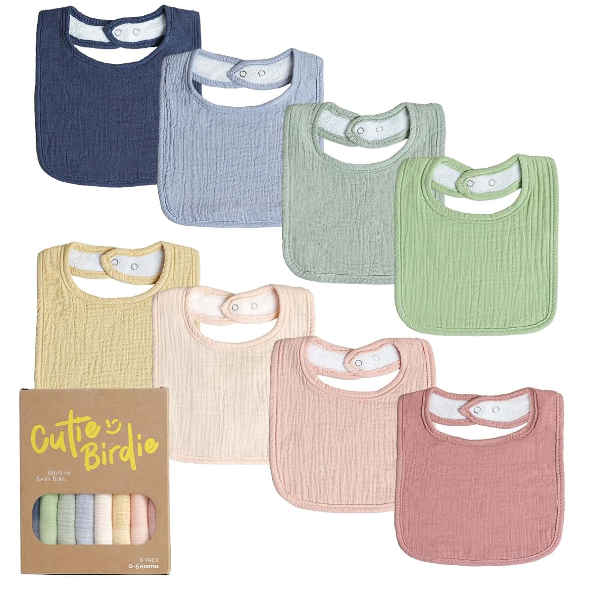 Cutie Birdie 8-Pack Muslin Baby Bibs In Colorful Solid Patterns
