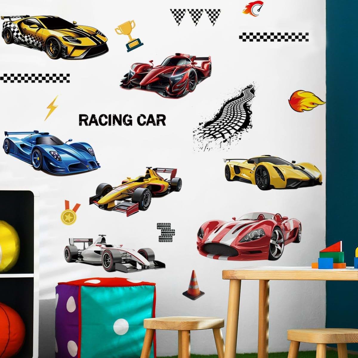Runtoo Racing Car Wall Decals Vinyl Peel-and-Stick Set