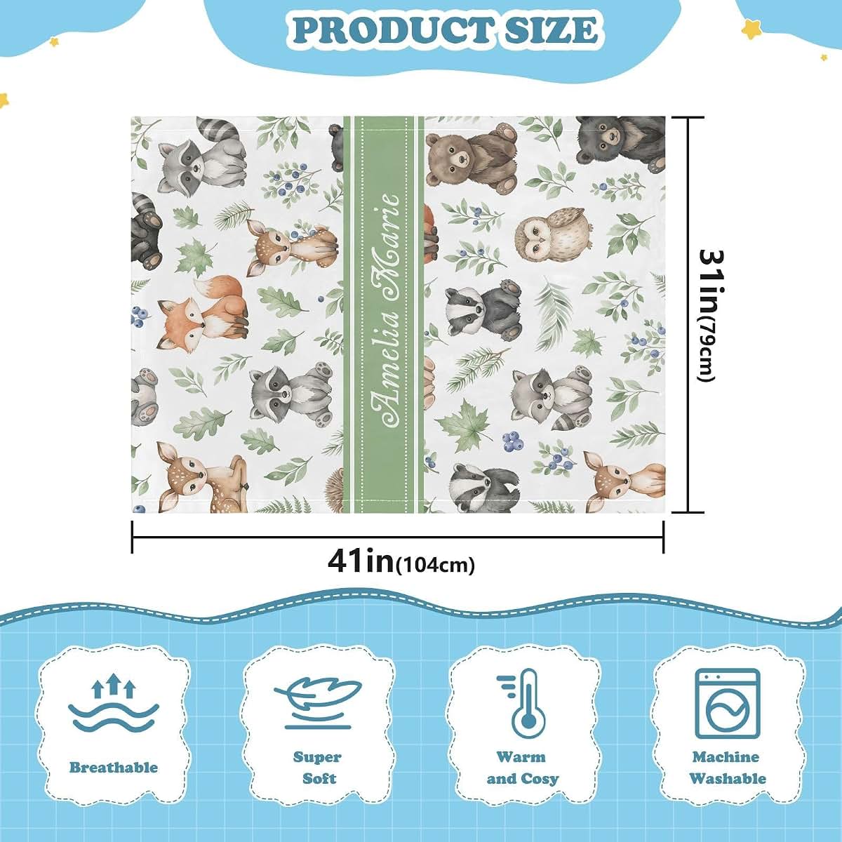 WEIKASSO Personalized Swaddle Blanket Forest Wildlife Friends Double Layer Blanket (photo 3)