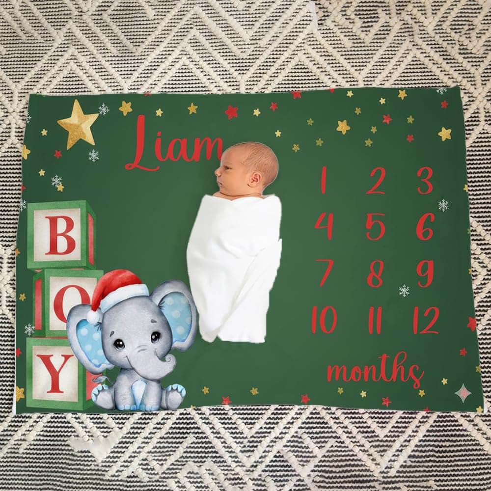 L&NG Monthly Milestone Blanket for Boy, Elephant with Santa Hat (photo 4)