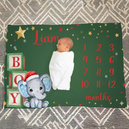 L&NG Monthly Milestone Blanket for Boy, Elephant with Santa Hat (photo 4)