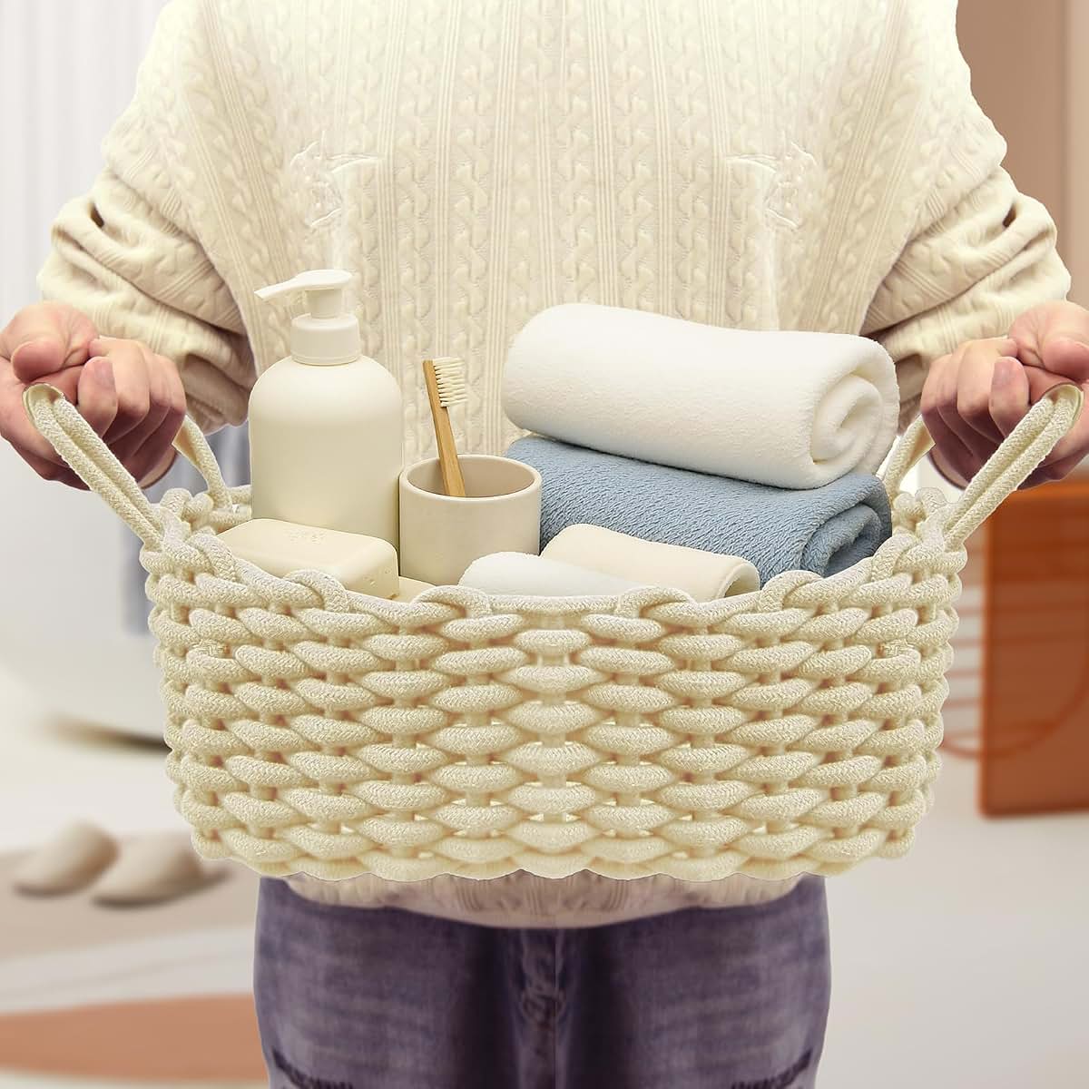 Leejard Cotton Rope Storage Basket With Leather Handles