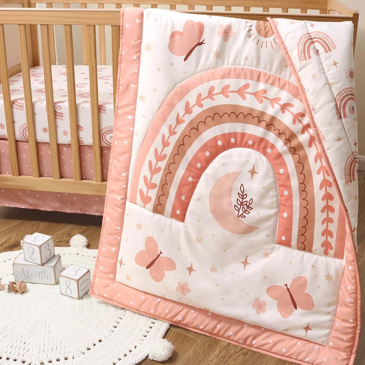The Peanutshell 3 Piece Baby Crib Bedding Set for Girls, Boho Rainbow with Fitted Sheet, Quilt and Bed Skirt