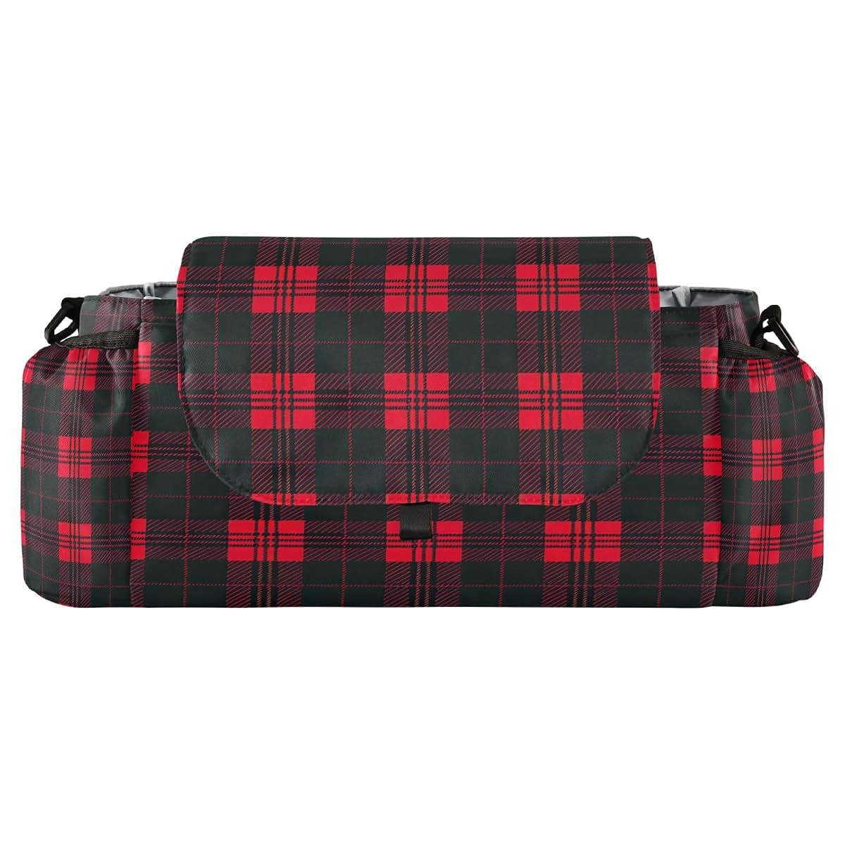 BabyOneStop Stroller Caddy Organizer Bag in Red Black Plaid with Adjustable Straps