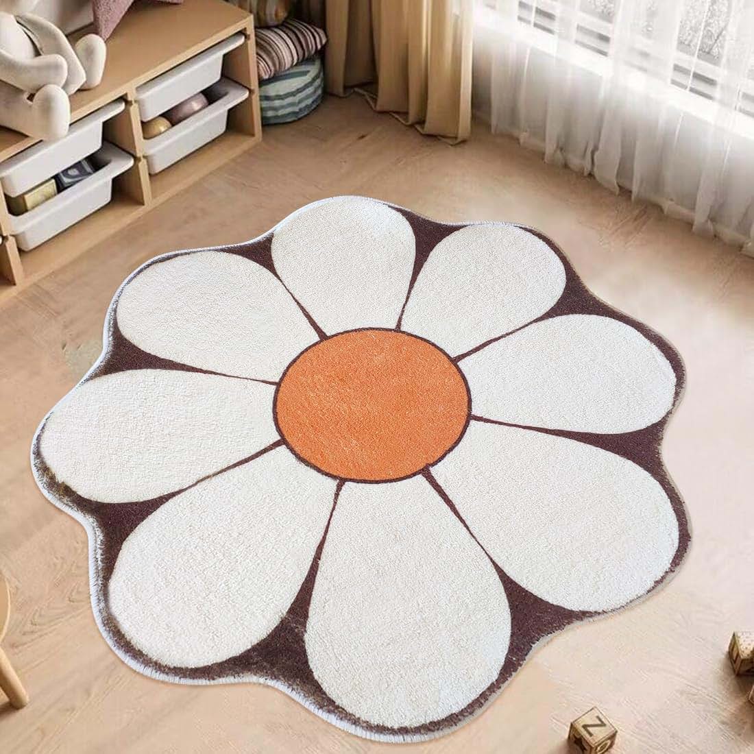 Poowe White Flower Shaped Round Washable Kids Play Mat for Nursery Decor