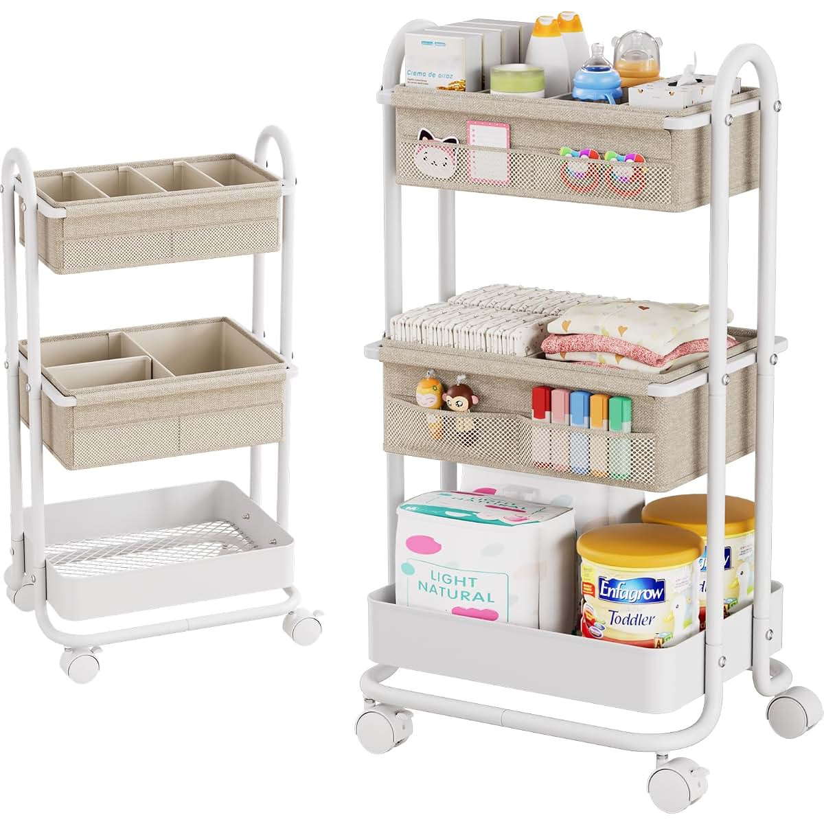 Modanais Baby Diaper Caddy Organizer Cart - 3 Tier Rolling Cart, Off White