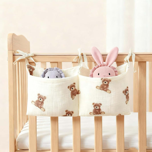 DEZIGKA Baby Bedside Hanging Storage Bag Muslin Cotton Teddy Bear, Crib Diaper Caddy Organizer 2 Pockets