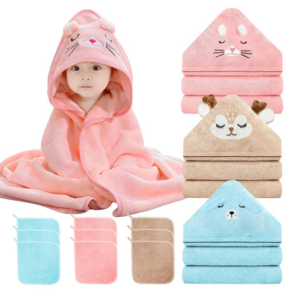 ＤＲＵＮＳＰＤＳ 12 PCS Baby Bath Towels Set, 3 PCS Hooded Baby Towels & 9 PCS Washcloths, 32x32 Inches Ultra Absorbent Cute