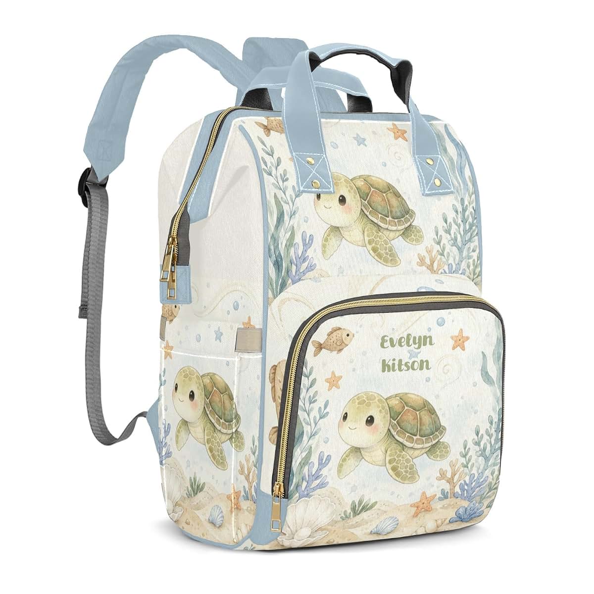 YallLocoMo Personalized Diaper Bag Backpack Gift Watercolor Seabed Beach Turtle Ultimate Nappy Bag: Spacious (photo 2)