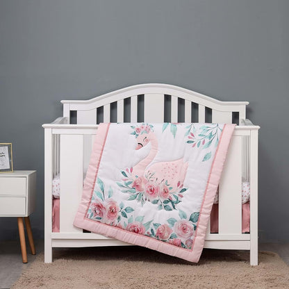 Hanbear Pink Floral Swan Theme Nursery Crib Bedding Set