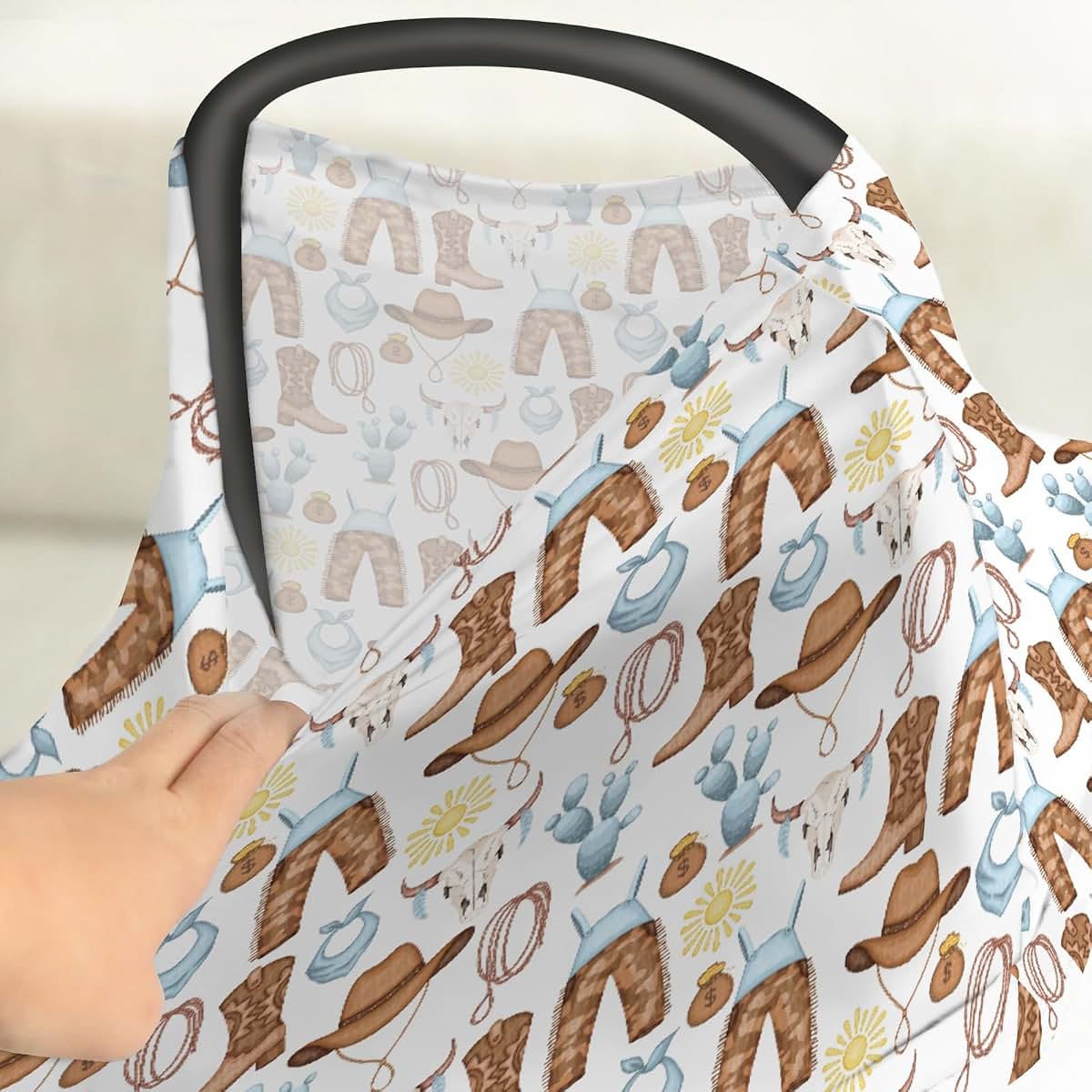 Western Cowboy Baby Car Seat Cover - 5-in-1 Canopy and Nursing Up