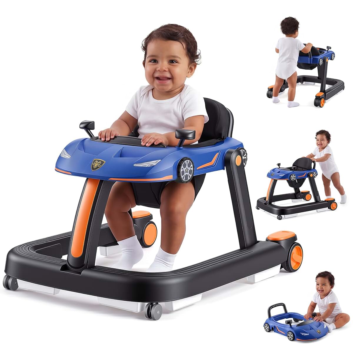 Tofuumi 4-In-1 Baby Walker With Adjustable Height, Speed, And Folds For Storage, 6-18 Months, Blue
