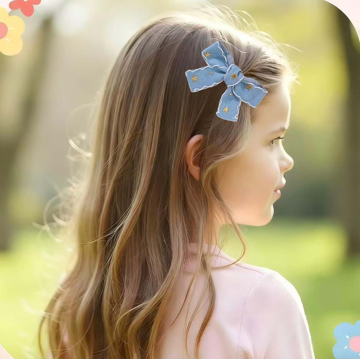 Boenbe Loved Blue Denim Bow Hair Clip Set with Lace Edges