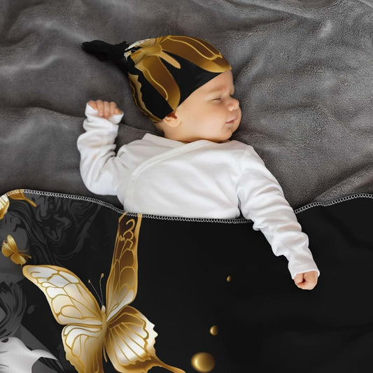 LHDGBNV Gold White Butterflies Black Newborn Swaddle Blanket with Beanie Hat Set,Soft Stretchy Baby Blanket Swaddle