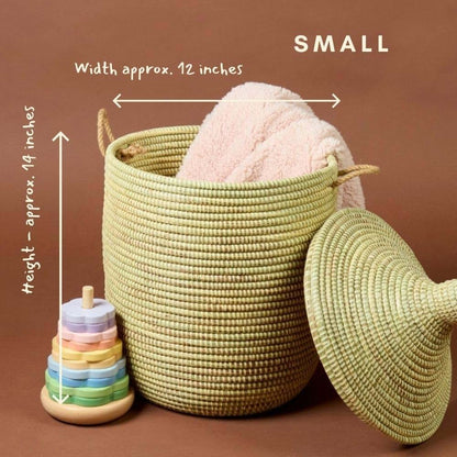 Senegalo Small Beige African Basket with Lid, Handwoven Wicker Storage, 12" Wide x 14" Tall