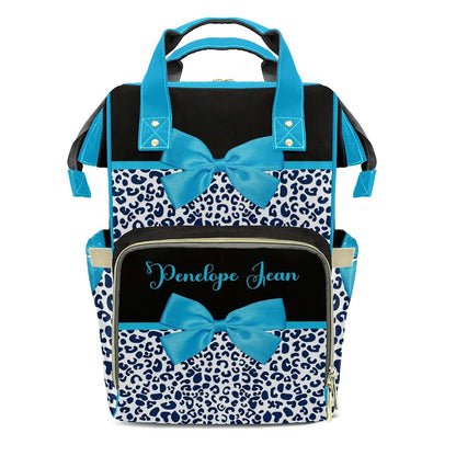 LiSoAkWE Personalized Diaper Bag Backpack,Customized Blue Print Leopard Bow Nappy Backpack for Travel Outdoor with