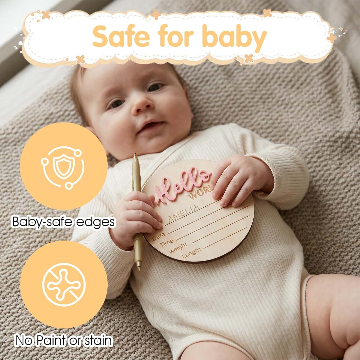 Heclia Hello World Baby Announcement Sign, Pink Wooden Keepsake (photo 3)