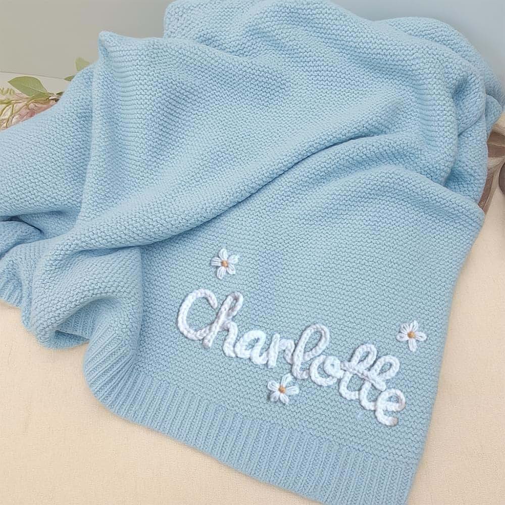 LullabyMall Personalized Knit Blanket With Hand Embroidered Name
