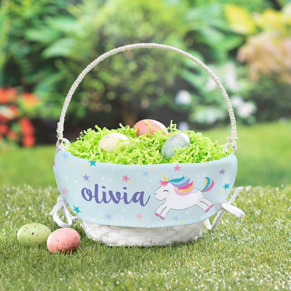 Personalized Planet Rainbow Unicorn Personalized Easter Egg Basket with Handle and Custom Name | Blue Easter Basket