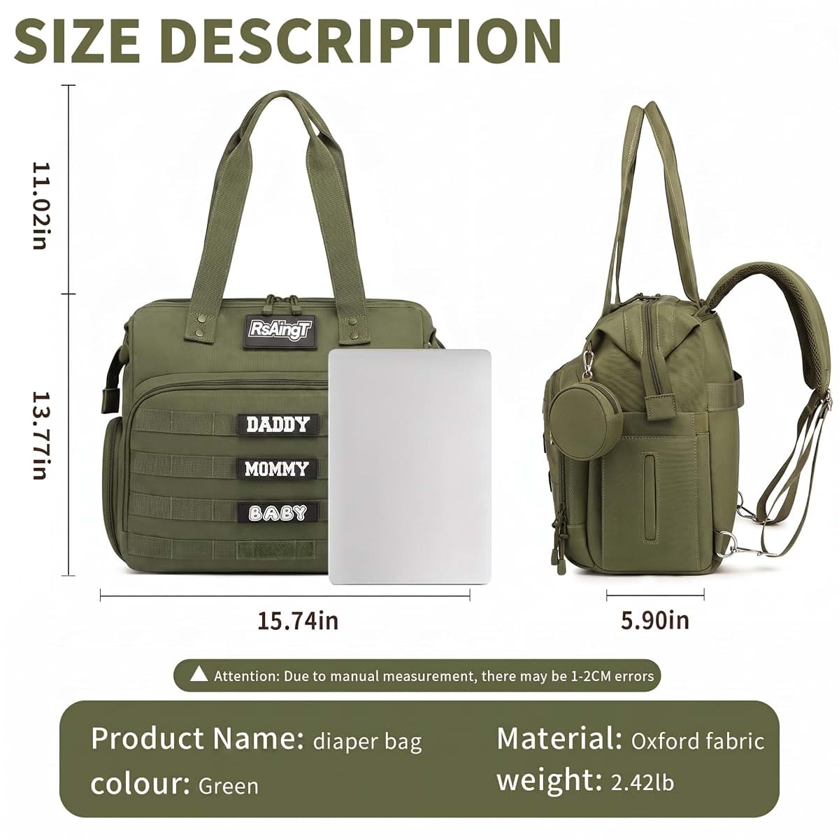 RsAingT Diaper Bag Backpack for Dad, Large Utility Baby Changing Bag with Insulated Bottle Holders(Green)