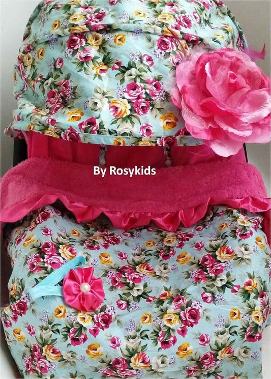 Rosy Kids Infant Car Seat Cover and Canopy 4-Piece Set in Turquoise Blue Ground Rose Print