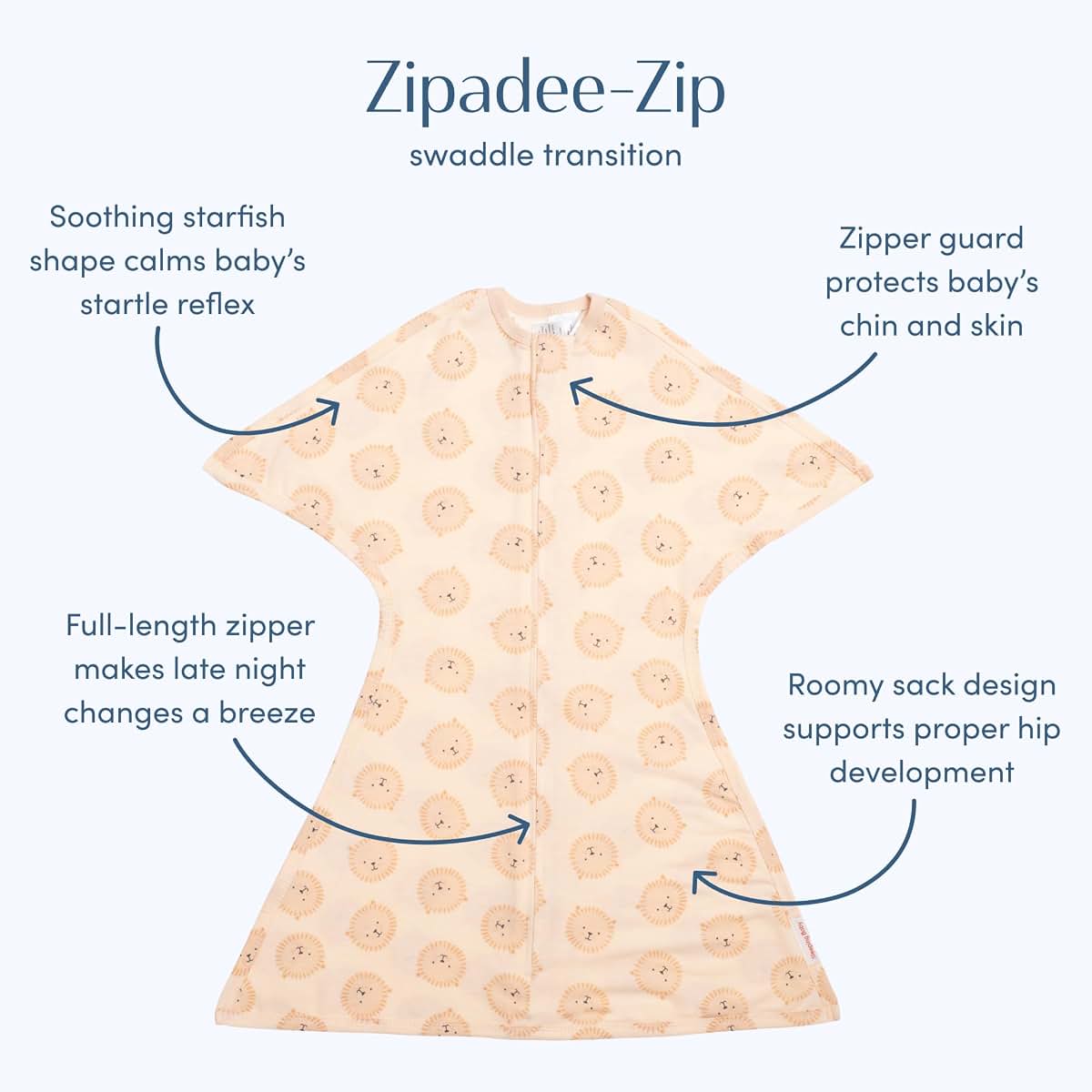 SleepingBaby Zipadee-Zip Transition Swaddle - Lions, Small (4-8 Month)